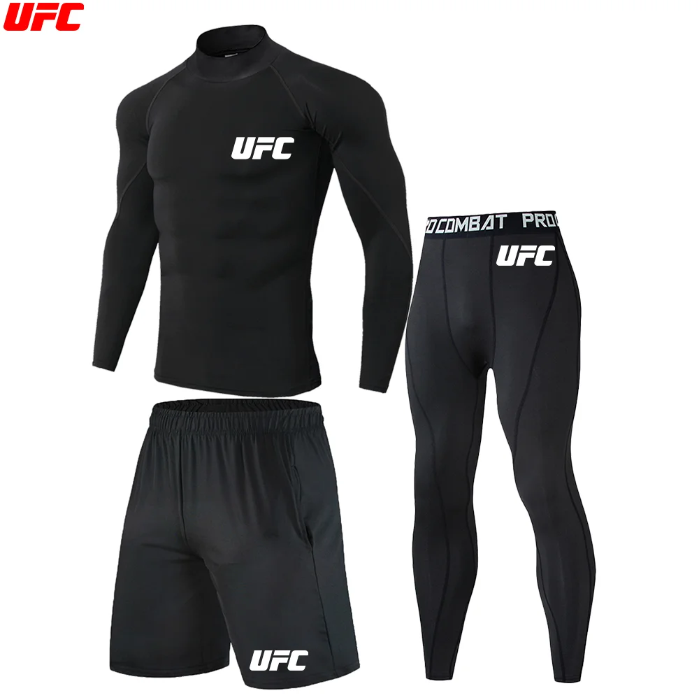 Фото UFC 3 шт. Рашгард для джиу-джитсу, футболка с высоким воротом, мужская рубашка для ММА, длинные брюки, шорты для тайского бокса, рубашка для бокса, спортивный костюм №4