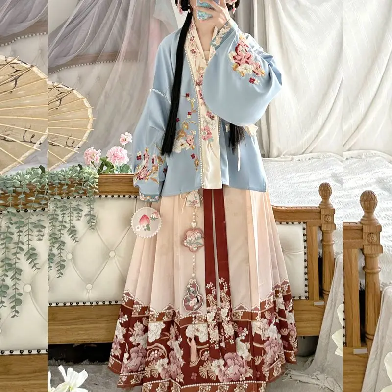 Фото Китайская весенне-осенняя оригинальная майка Hanfu с вышивкой и круглым вырезом, рукав Пипа, ежедневное ханьфу №4