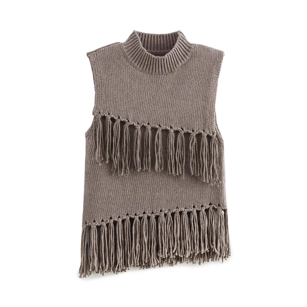 Фото Vrouwen Mode Mouwloze Cascading Kwastje Breien Vest Trui Vrouwelijke Chic Stand Kraag Vest Trui Tops №2