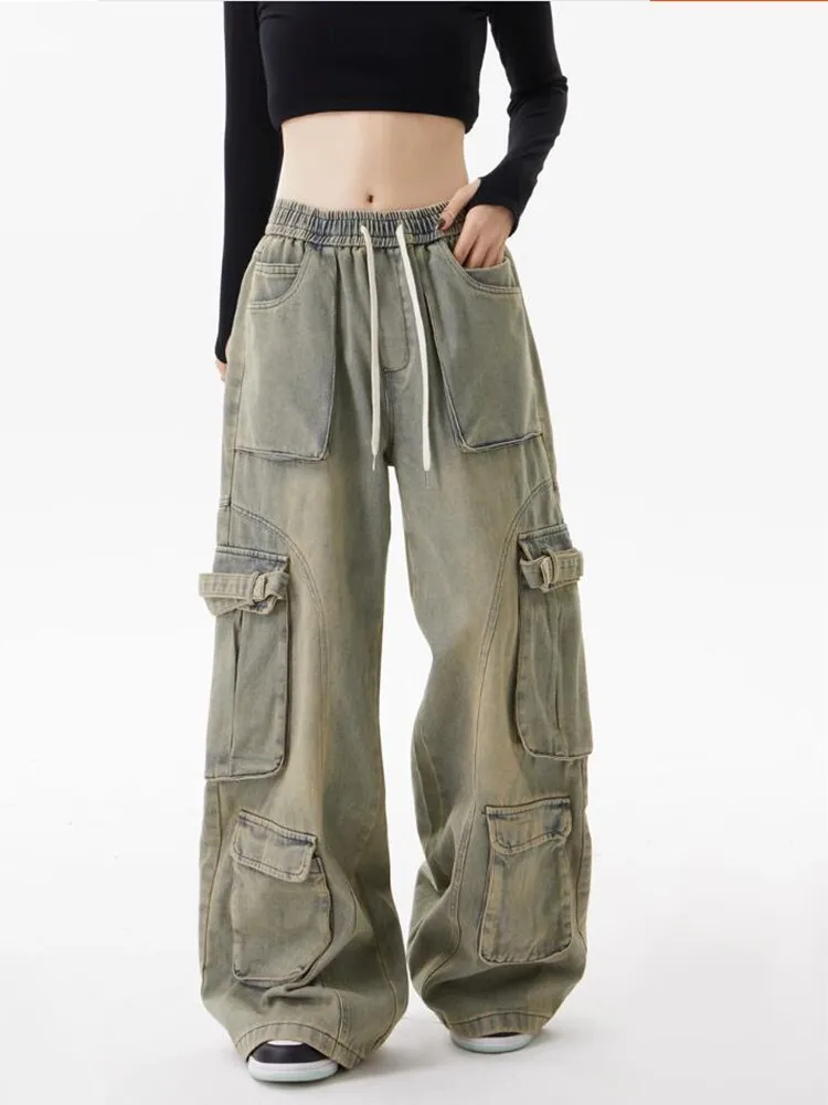 Фото celana неадридная фигура, celana Denim kaki lebar, celana Baggy Y2K, Retro, для wanita №3