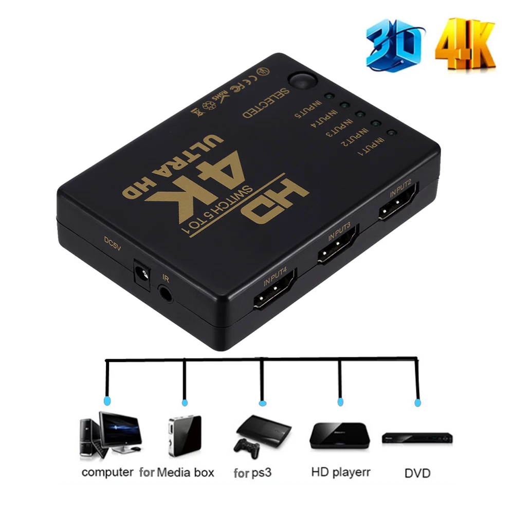Фото 4K 5x1 HDMI-совместимый кабель-разветвитель HD 1080P Адаптер видеокоммутатора 5 в 1 Выходной порт-концентратор для Xbox PS4 DVD HDTV ПК Ноутбук ТВ №2