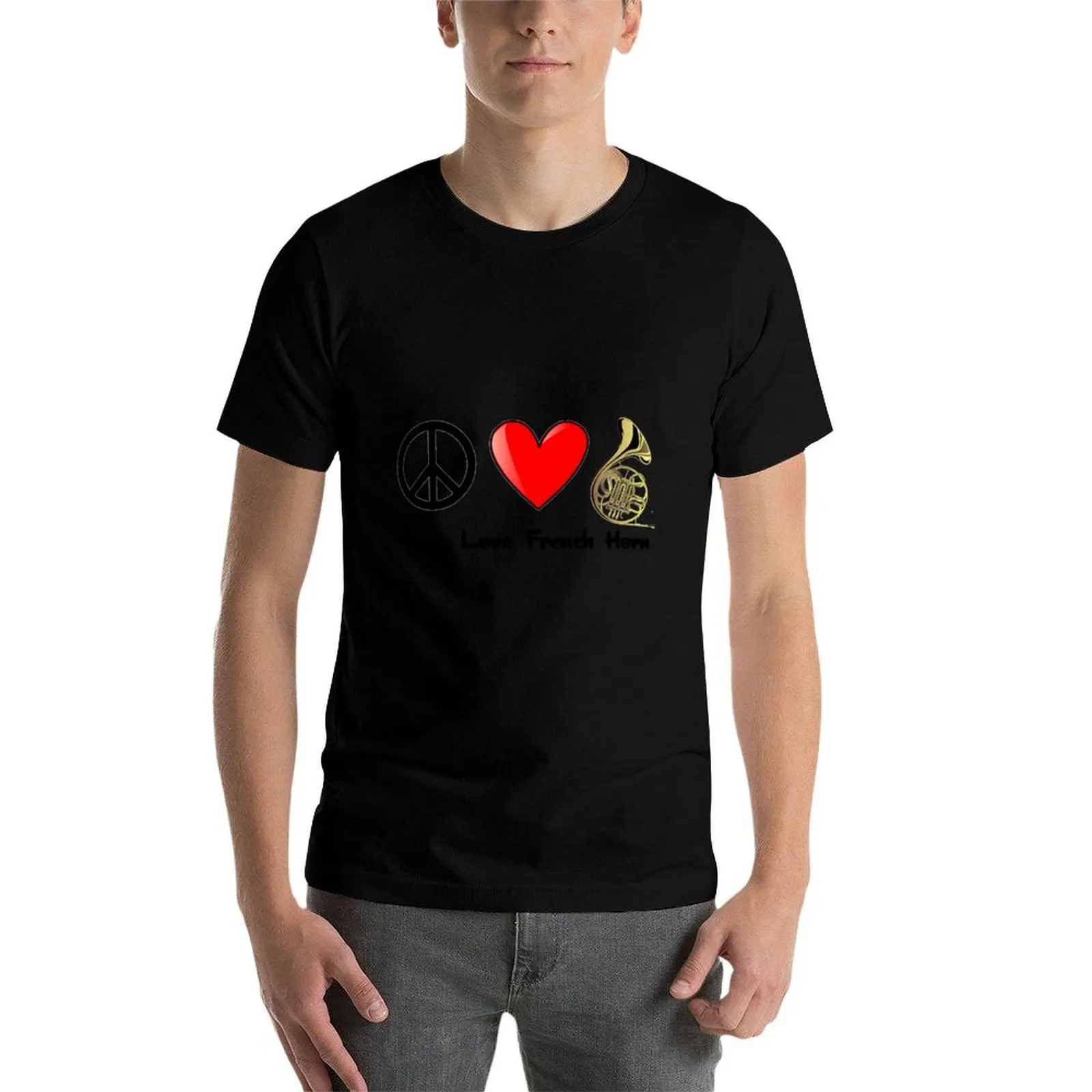 Фото Футболка мужская с надписью «Peace, Love, and French Horn», Черная №4