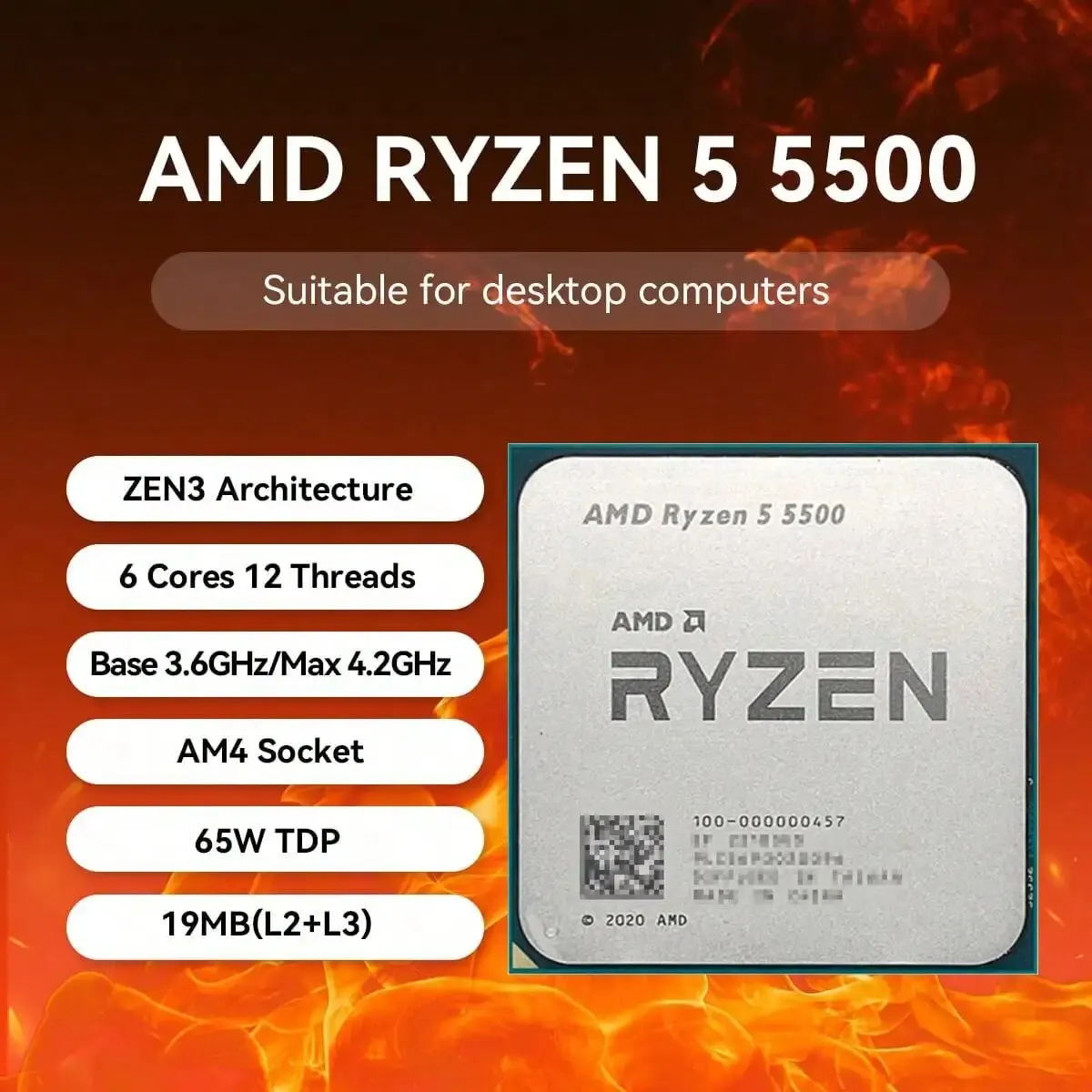 AMD Ryzen 5 5500 3,6 ГГц базовые часы 6-ядерный 12-ниточный настольный процессор CPU, гнездо AM4, без интегрированной графики, без вентилятора радиатора