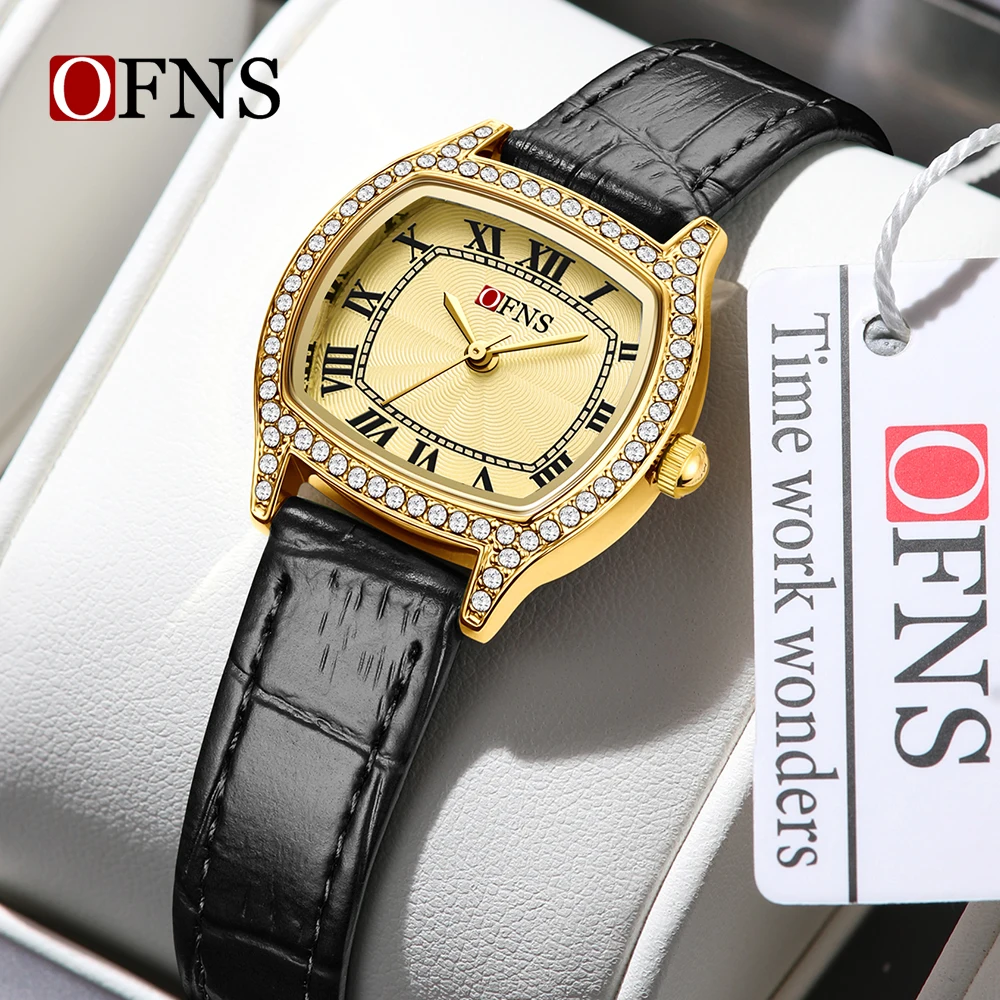 OFNS Корейские женские кварцевые часы 1536, бочкообразный тип, простые женские часы с римской шкалой, инкрустированные бриллиантами, новинка 2025 года