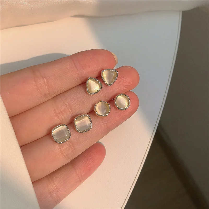 JP22 S925 Серебряные игольчатые корейские простые серьги из трех частей с геометрическим опалом маленькие милые серьги повседневные ins серьги