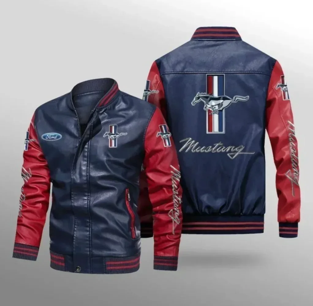 Ford Mustang Logo Мотоциклетная куртка из искусственной кожи Мужская бейсбольная куртка-бомбер Унисекс Мужская оверсайз Университетская винтажная куртка