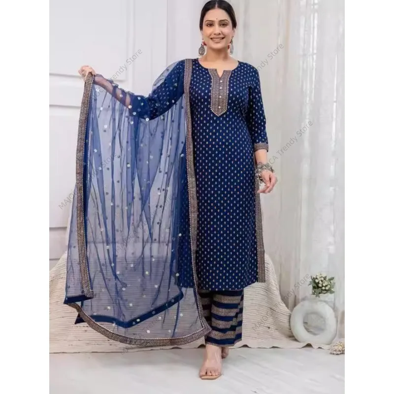 Женский комплект Kurta из трех предметов с индийским этническим принтом, хлопковый костюм средней длины с Palazzo Dupatta (art.: 3920d04e503c6) - 3920d04e503c6