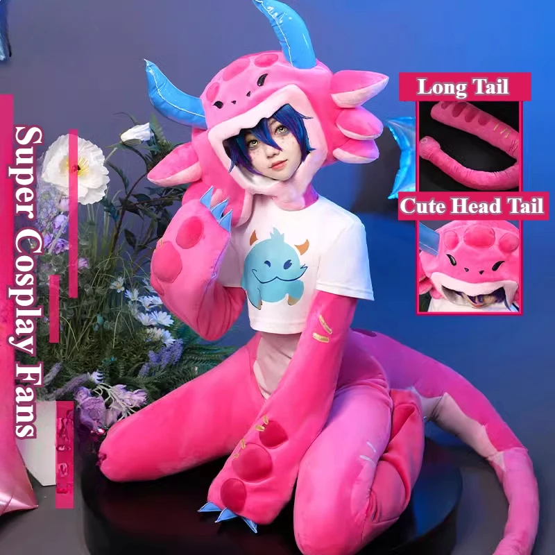 Игра LOL Neeko Megathread Косплей Костюм Женский Супер Косплей Фанаты Neeko Кукольные Костюмы Розовый Комбинезон Головной Убор Хвост Костюм