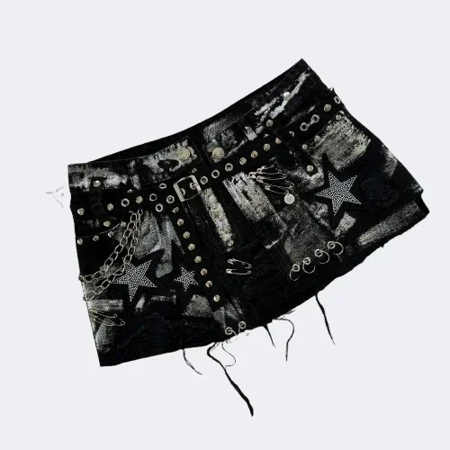 Y2K Новая готическая ретро черная джинсовая юбка Harajuku Star Graphic Rhinestone Rivet Мини-юбка Сексуальная горячая девушка Тонкие юбки с низкой талией на бедрах