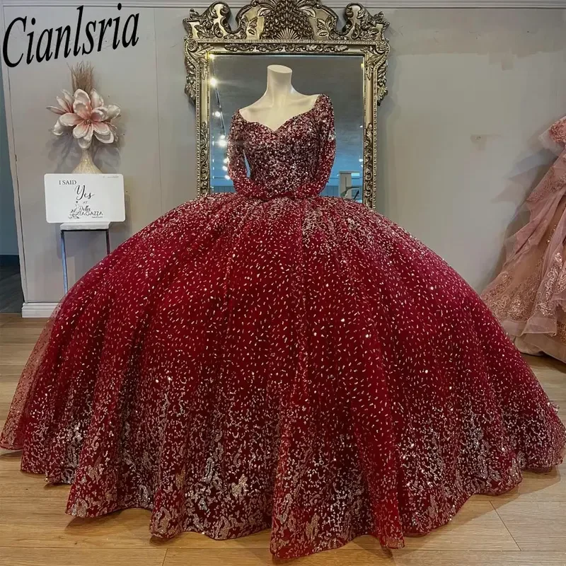 Темно-красные блестящие платья Quinceanera с кристаллами, бальное платье с длинными рукавами и аппликациями, кружевной корсет на заказ, платья de XV anos