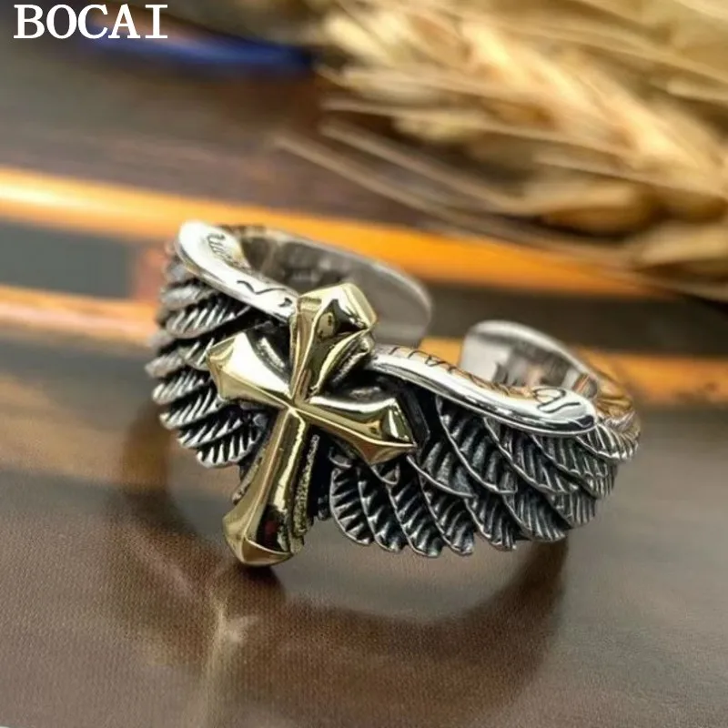 BOCAI Новое кольцо из стерлингового серебра S925, винтажное модное кольцо с готическим крестом и крыльями, мужской и женский стиль