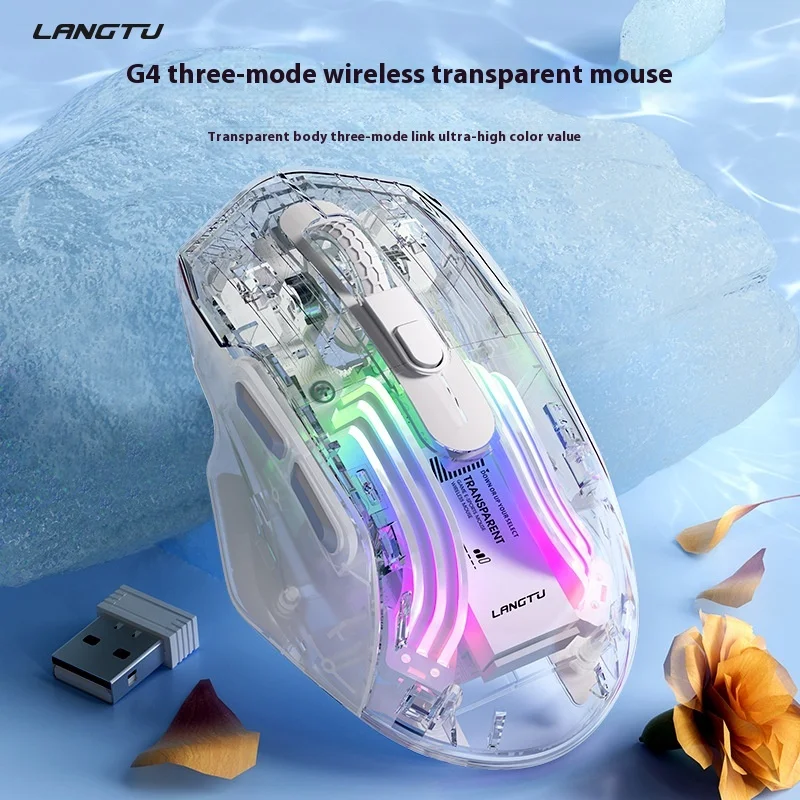 LangTu g4 Bluetooth Беспроводная мышь RGB с эффектом света Mute Трехрежимный прозрачный дизайн для офисных и киберспортивных игр