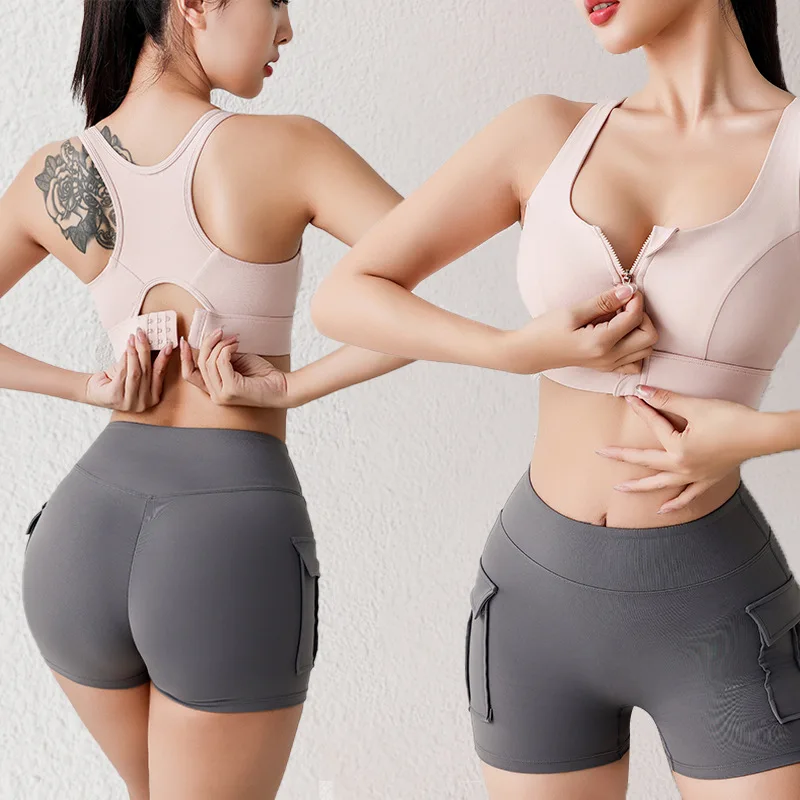 Mileegirl Racer Back Женский бюстгальтер для йоги со встроенными подушечками Спортивные укороченные топы Нескользящая передняя молния Тренажерный зал Фитнес-бюстгальтер сзади Плюс Размер Тренировочный топ