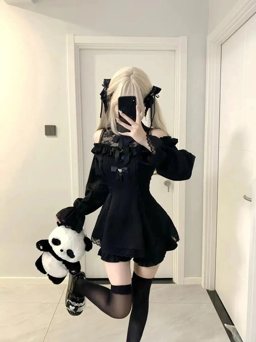 Darkly Готический японский лоскутный кружевной тонкий комплект для женщин High Street Chic Новый костюм в консервативном стиле с бантом Дизайн с открытыми плечами Комплект из 2 предметов