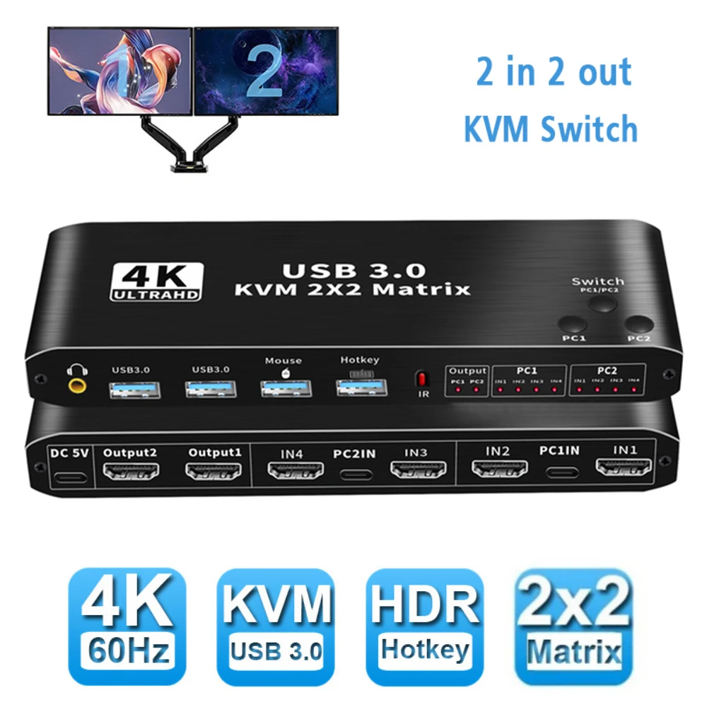 Kvm-переключатель 2 х2 HDMI 4K 60 Гц, KVM HDMI с двойным монитором, Расширенный дисплей, USB KVM-переключатель, 2 в 2 выхода, для 2 компьютеров, совместное использование 2 мониторов