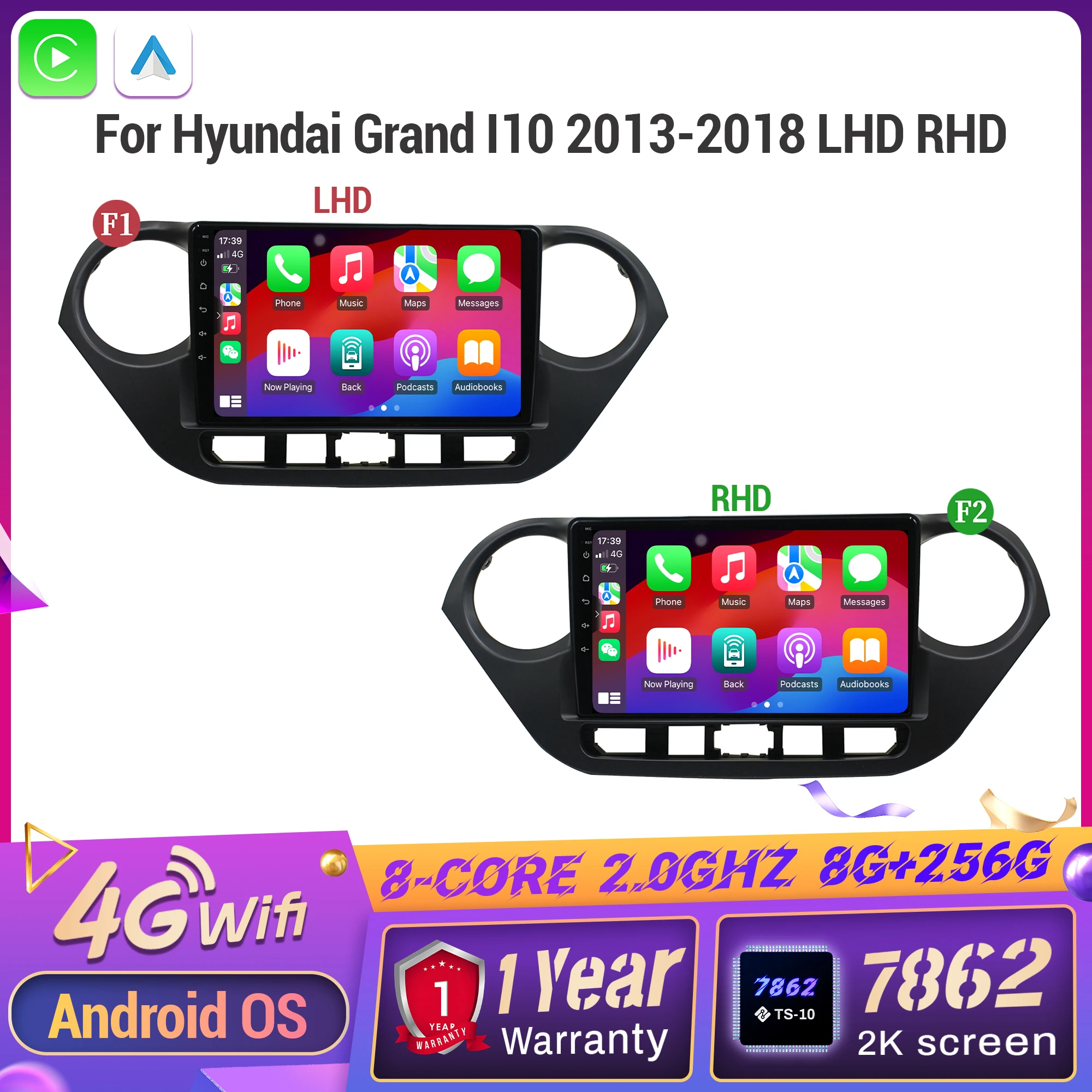 Автомобильный радиоприемник Android 14, для Hyundai Grand I10 2013-2018, LHD, RHD навигация, мультимедийный беспроводной сенсорный экран Carplay