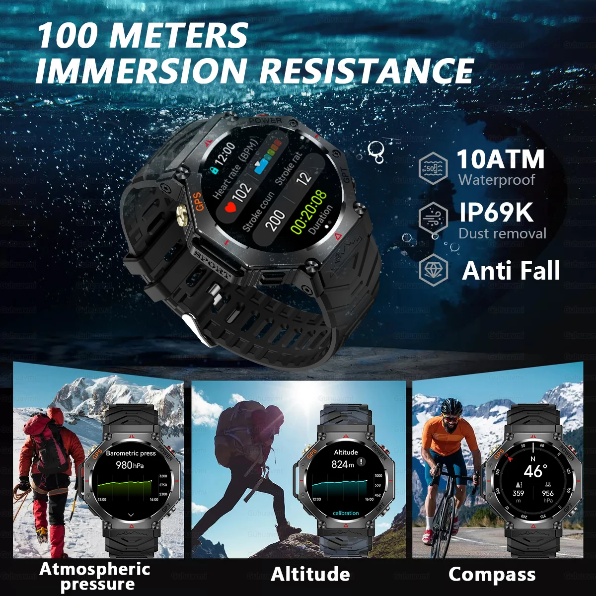 Фото Военные умные часы T-Rex 3, встроенный GPS-компас, высотомер, барометрические, 10 АТМ, IP69K, водонепроницаемые, AMOLED, Bluetooth, умные часы для вызова №2