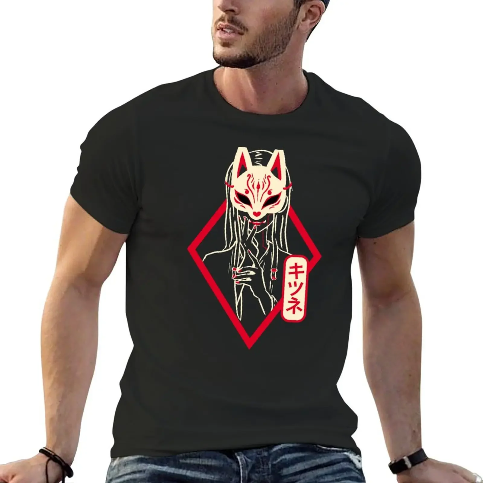 Футболка Kitsune Fox Girl, рубашки с рисунком, футболки с рисунком, футболки для мужчин