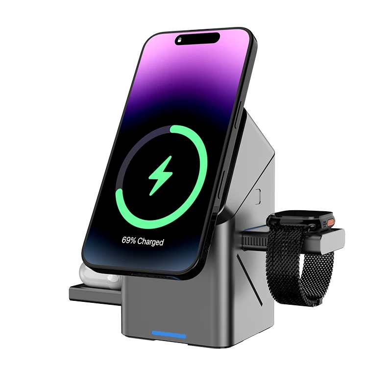 Лидер продаж 2023 года, беспроводная зарядная станция 15 Вт 3 в 1 для iphone 16, зарядное устройство Cargador Inalambrico, магнитное беспроводное зарядное устройство Qi2 Dra