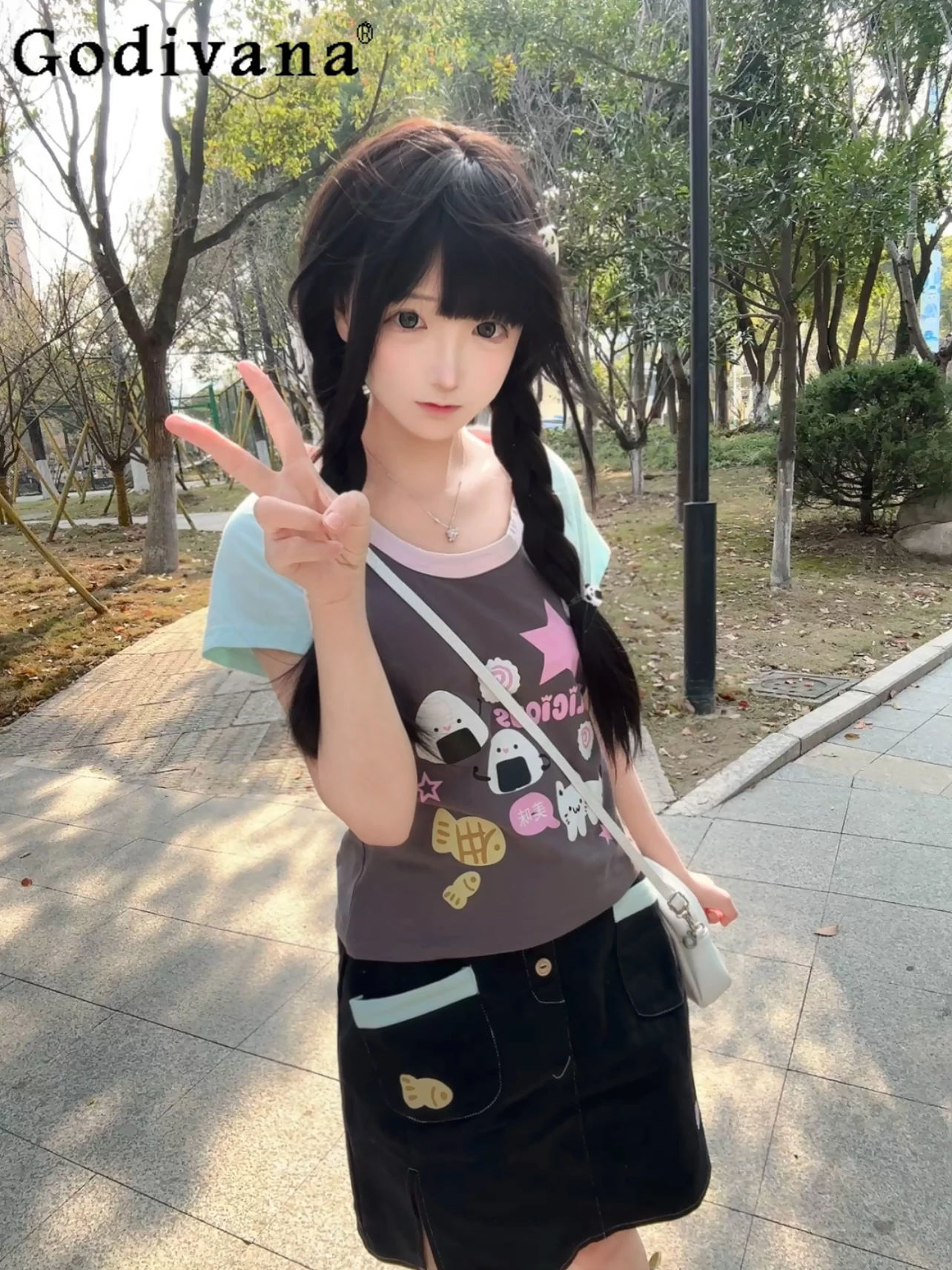 Оригинальная японская мягкая футболка Kawaii для девочек, топ и юбка, комплект, женские летние студенческие футболки с принтом Y2k, милая одежда для дочери