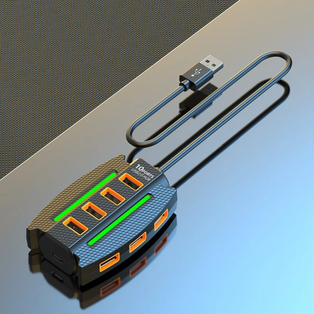 Подсветка RGB, 10 портов, разветвитель USB 2.0, USB-адаптер, передача данных, концентратор USB2.0 10 в 1, удлинитель высокоскоростного расширителя USB-порта
