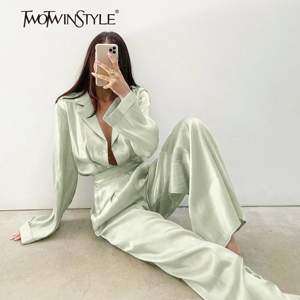 TWOTWINSTYLE однотонный комплект из двух предметов для женщин, однобортный пиджак с лацканами и длинными рукавами, брюки с высокой талией, элегантные женские комплекты