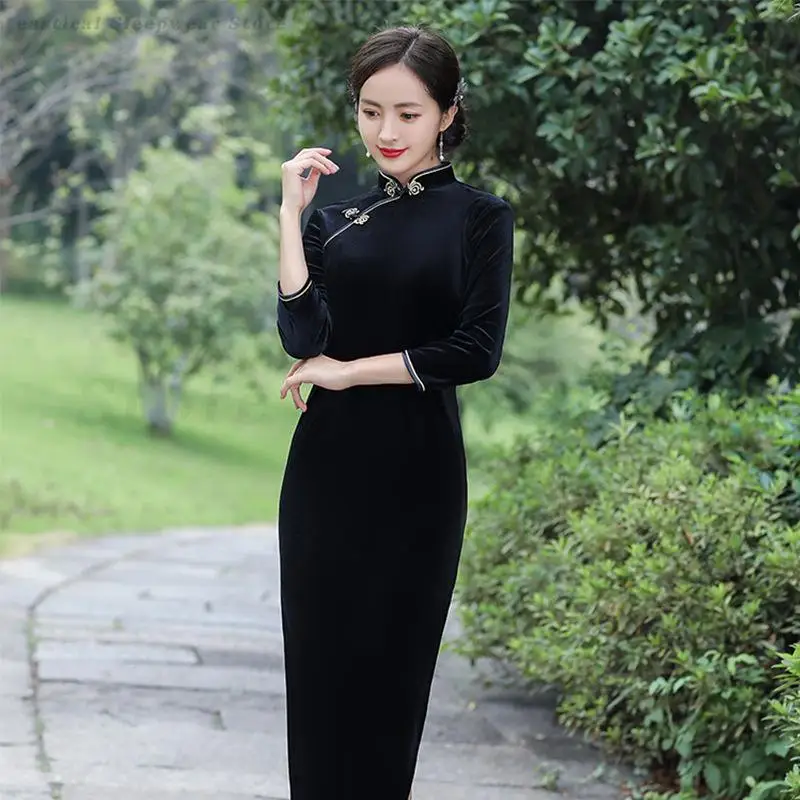 ПЛЮС РАЗМЕР 5XL Китайское Cheongsam Осень Зима Бархатное Традиционное Новинка Ципао Винтажное Платье на Пуговицах Элегантное Вечернее Платье
