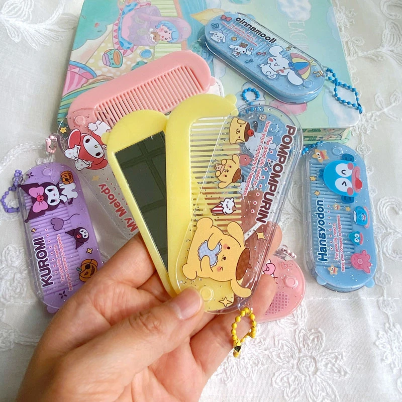 Мультяшное милое складное зеркало-гребень Sanrio, комбинированное зеркало для макияжа, портативное мини-зеркало-гребень с подвесной цепочкой, милый подарок для девочек