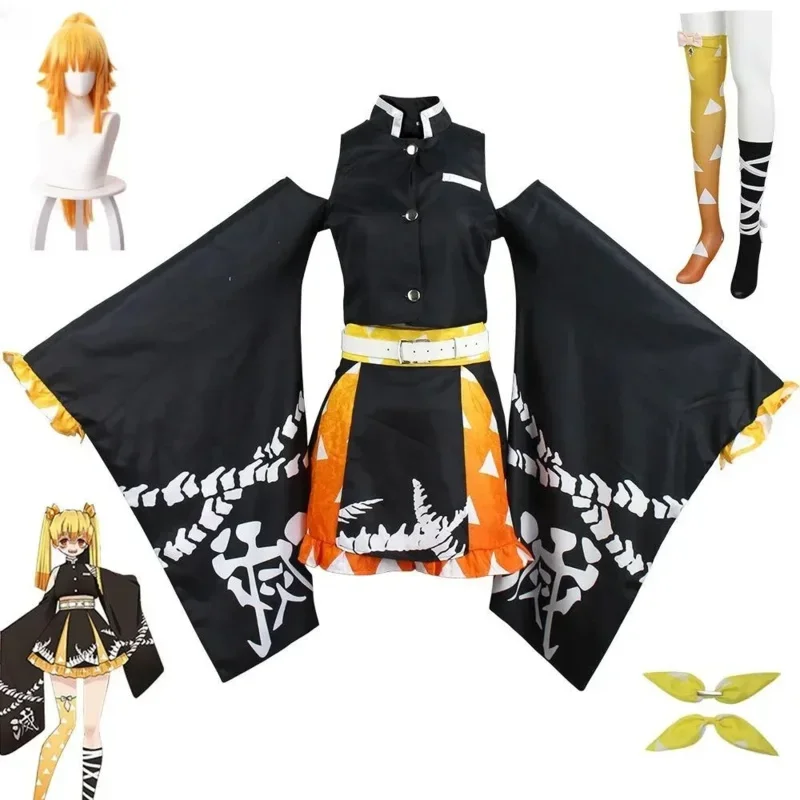 SN60 Agatsuma Zenitsu Cosplay Zenko Cosplay Anime Costume Black Yellow Party Dress Long Wig Socks Headwear Suit1 @ j $