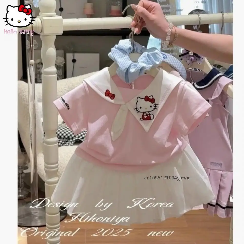 Детский комплект плиссированной юбки с рисунком аниме Sanrio Hello Kitty Jk, летняя футболка с кукольным воротником для девочек, комплект в студенческом стиле