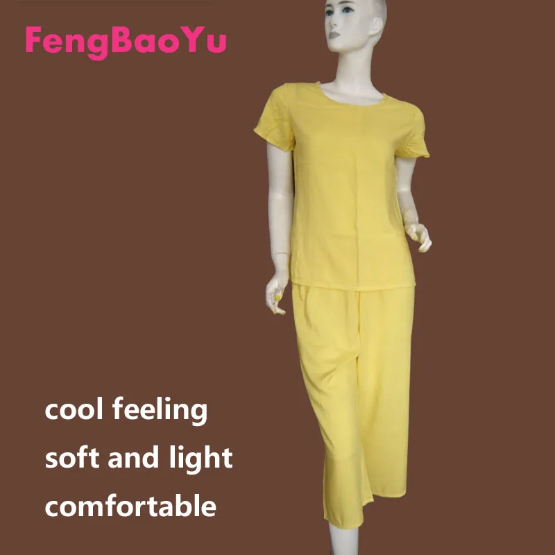 Fengbaoyu качественная хлопковая шелковая женская весенне-летняя блузка с короткими рукавами, комплект брюк в семь центов, пижамы для отдыха, одежда для дома