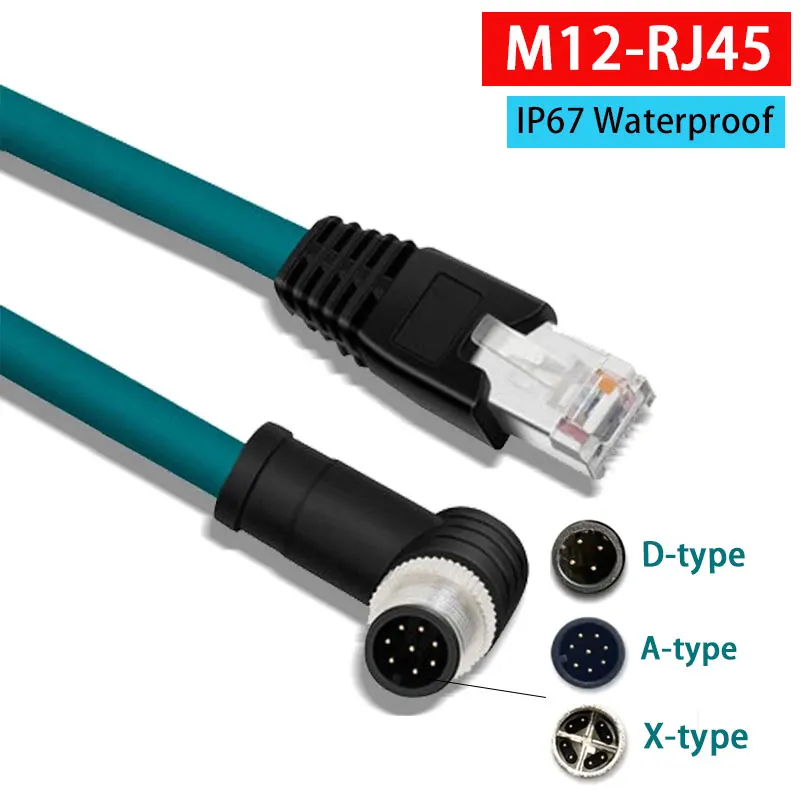 IP67 M12 к RJ45, 8-контактный разъем для кодирования типа A X, двухэкранированный сетевой кабель с цепью, 4-контактный разъем D-кода, шнур M12 к RJ45