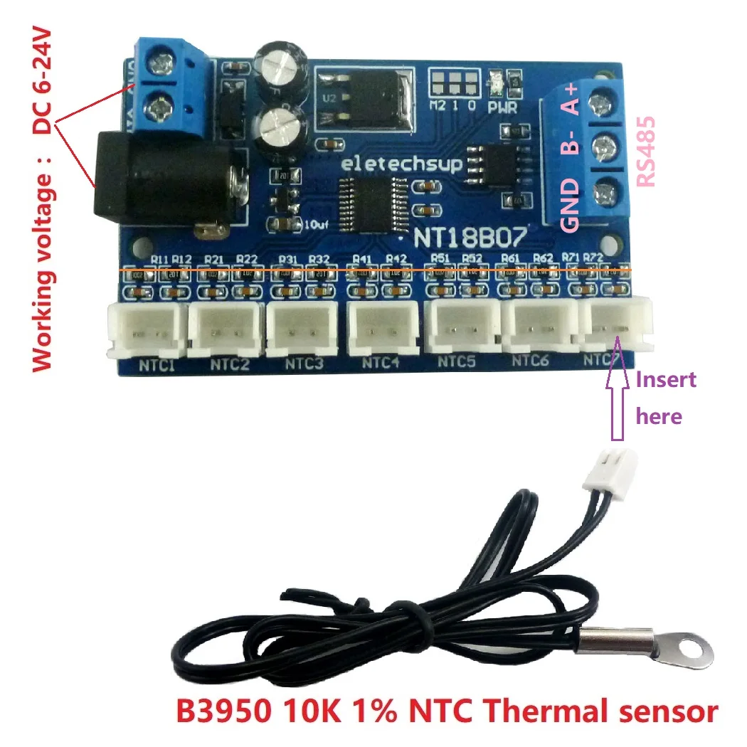 Фото 7CH DC 12V RS485 NTC термистор датчик температуры Modbus Rtu модуль монитора удаленного сбора B3950 10K 1% №4
