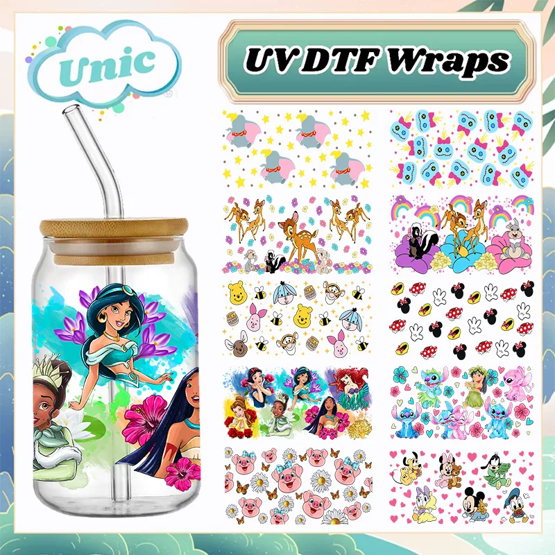 Disney Stitch Micky 16 унций UV DTF чашка обертка мультфильм переводные стакан Libbey DIY логотип наклейка стеклянная банка самоклеящаяся водостойкая