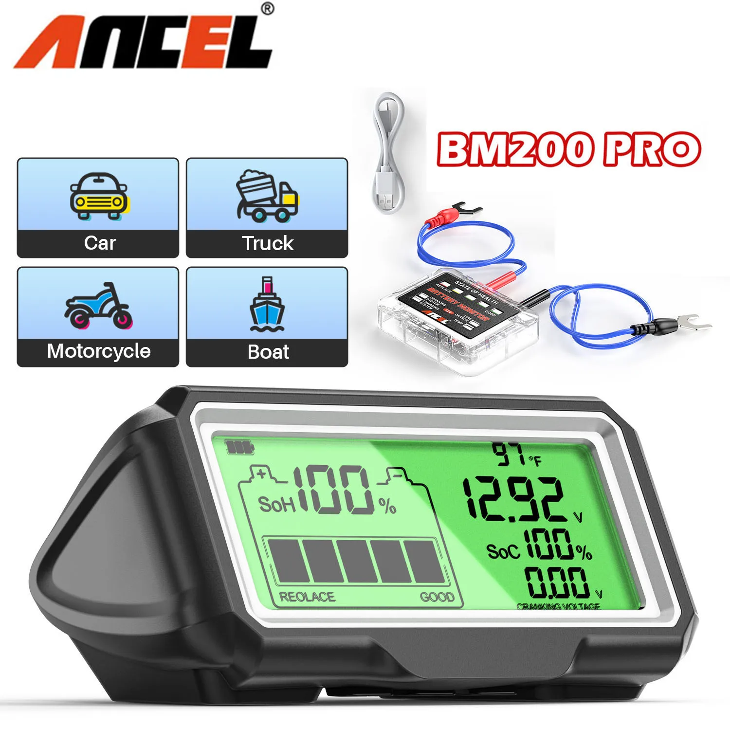 ANCEL BM200 PRO 12 В тестер емкости автомобильного аккумулятора монитор светодиодный дисплей водонепроницаемый SOH SOC анализатор здоровья аккумулятора авто тестер инструменты