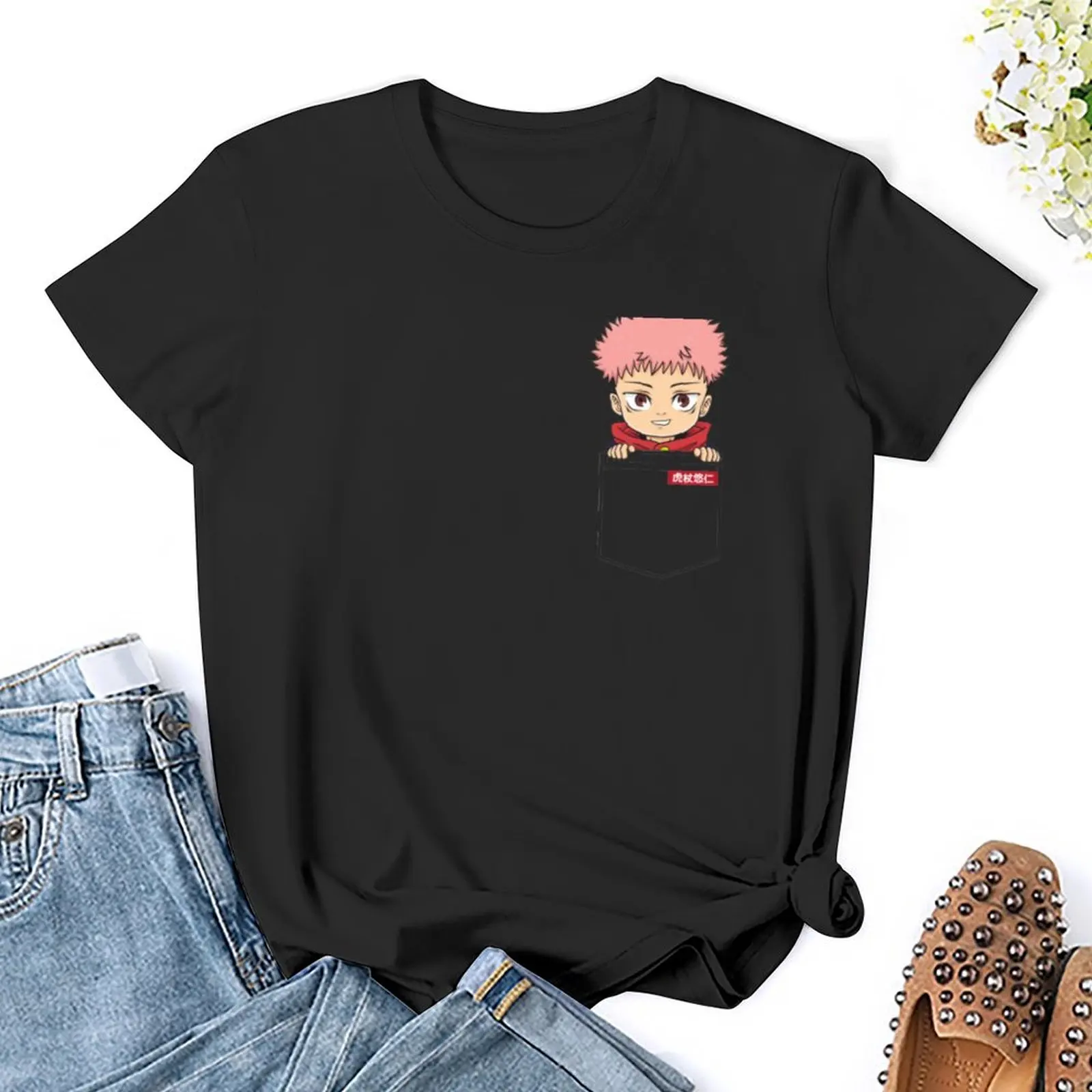 Фото Футболка Itadori Yuji Chibi с карманом, футболка с животным принтом для девочек, винтажные футболки для тренировок для женщин №5