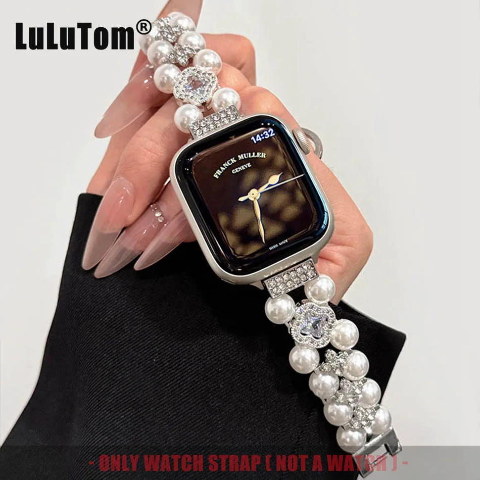 Жемчужный ремешок с четырьмя лепестками клевера и цирконием для Apple Watch Band Series 10, 9, 8, 7, 6 SE 5 4, Ultra iwatch 46 мм, 42 мм, 38-49 мм, женский браслет