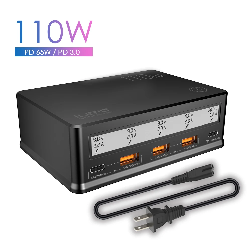 Зарядное устройство iLEPO 110 Вт USB PD QC3.0 PPS, быстрое зарядное устройство для iPhone 13 12 11, ноутбука, компьютера Samsung Xiaomi, экрана дисплея ЕС, США, Австралии, Великобритании