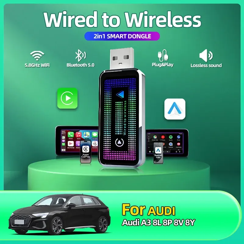 Модный беспроводной адаптер Carplay Android Auto 2in 1 Smart Dongle 2025 5G WIFI для iphone Android Телефон для Audi A3 8L 8P 8V 8Y