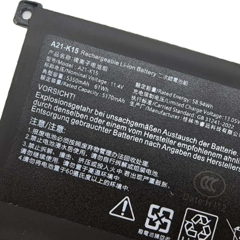 Фото Новый высококачественный аккумулятор для ноутбука A21-K15 Getac Machenike F117-V65 F117-V VA VB VD VC VR26 VG65T G15G Akoya K15 PC6OK 11,4 В №5