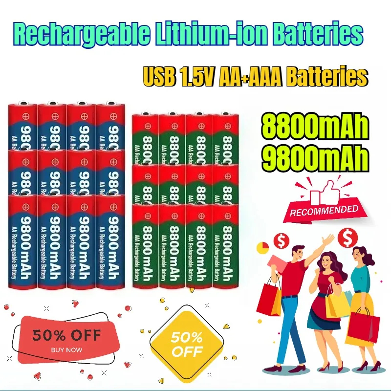 Литий-ионные аккумуляторы USB 1,5 В AA + AAA Батареи 9800–8800 мАч
