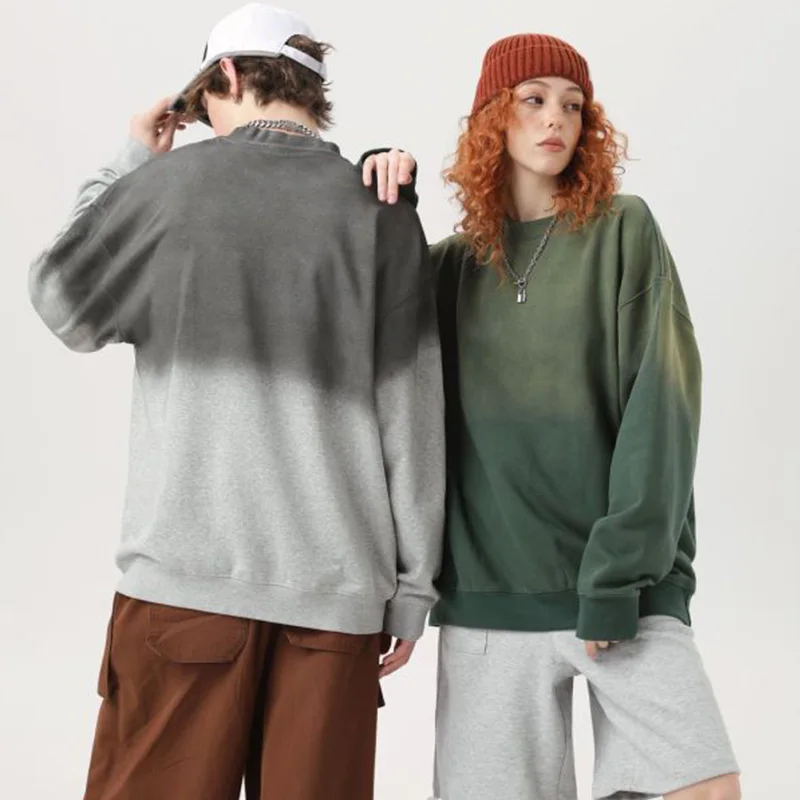 Фото 370 г Batick Washed большие толстовки с круглым вырезом, унисекс, брендовые качественные толстовки из плотного хлопка, однотонные повседневные топы с градиентом в стиле хип-хоп №4