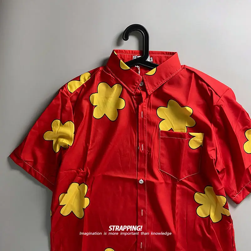 Фото Мужская рубашка с коротким рукавом Red Cartoon Flower, гавайская, винтажная, японская, пляжная одежда, весна и осень, Y2K №3
