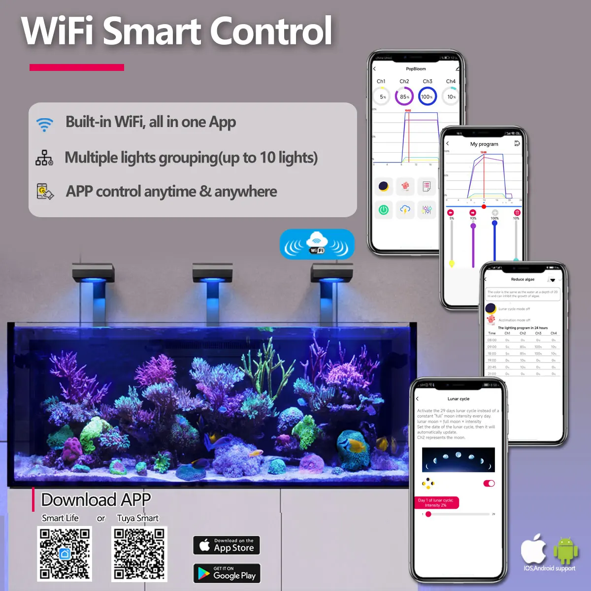 Фото PopBloom-Marine Aquarium Light 60 Вт/100 Вт, Светодиодная лампа для рифового аквариума для аквариума Reef Coral 30-70 см SPS LPS Saltwater Tank, APP поддерживает русский язык №2