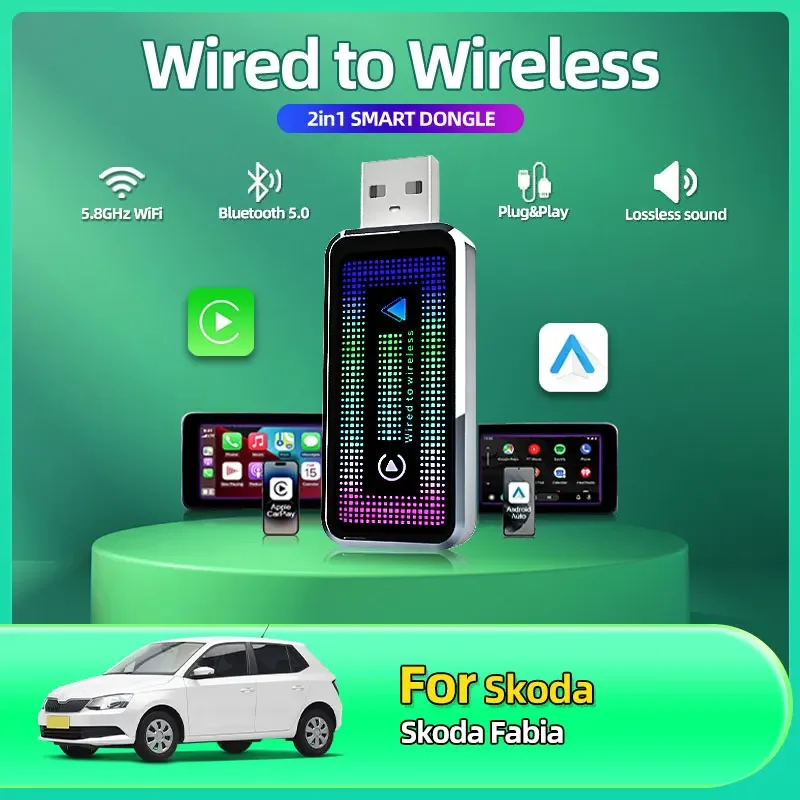 Новинка 2023 года, портативный мини-беспроводной преобразователь Carplay, проводной Carplay в беспроводной адаптер Carplay Android Auto 2-в-1 для Skoda Fabia