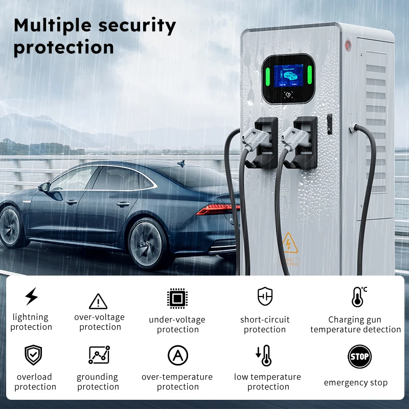 Фото Зарядное устройство для электромобилей постоянного тока 120 кВт CCS2 Gbt с двумя пистолетами, зарядная стойка для электромобилей, зарядные станции для электромобилей №5