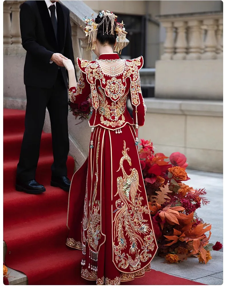 Фото Ретро классическое китайское традиционное свадебное платье для невесты Qipao изысканная вышивка Феникс бусины ханьфу одежда Восточная №2