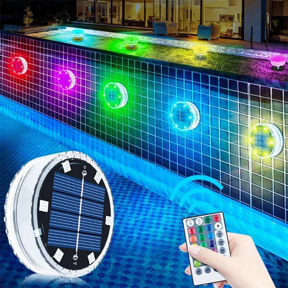 Фото IP68 Водонепроницаемый цветной подводный светильник RGB на солнечной энергии с пультом дистанционного управления для бассейна на день рождения, вечеринку №3