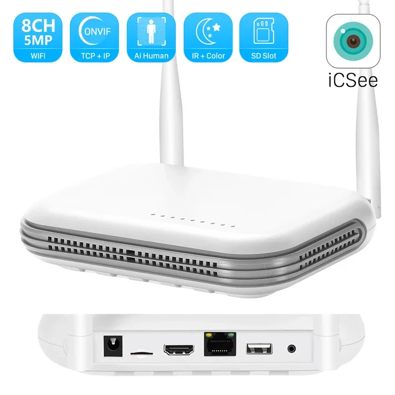 Мини-Wi-Fi NVR 8CH 3MP 4CH 5MP H.265 Onvif Беспроводной сетевой видеорегистратор Поддержка обнаружения лиц Сигнализация электронной почты Приложение XMEYE/iCSee