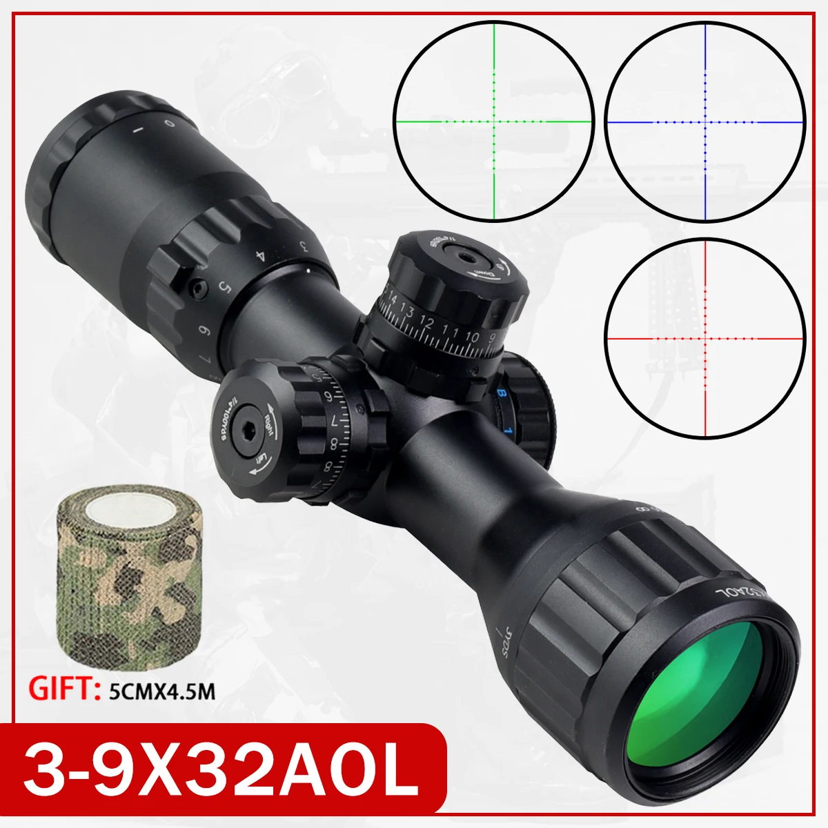 Тактический прицел 3-9x32 AOL Optics, второй фокусный самолет, охотничий прицел, страйкбольный прицел, крестовая сетка, 11 мм/20 мм, крепление на рейку